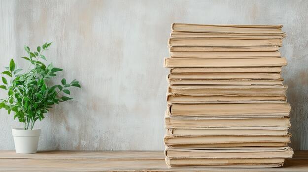 Stack of old books on wooden table with plant in front photo