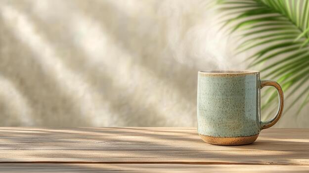 A coffee cup on a wooden table with a palm tree in the background photo