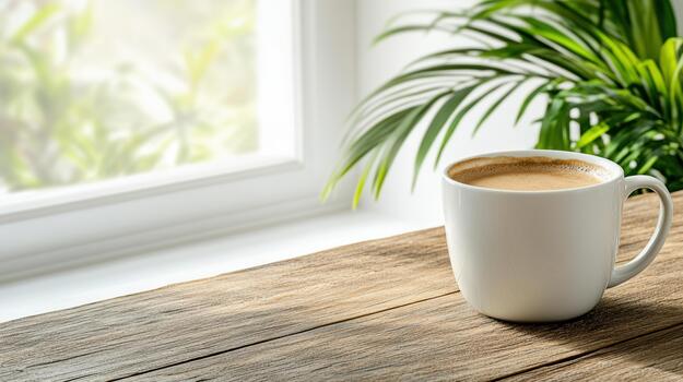 A cup of coffee sits on a wooden table near a window photo