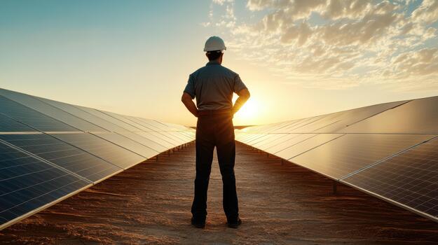 A man in a hard hat standing in front of solar panels photo