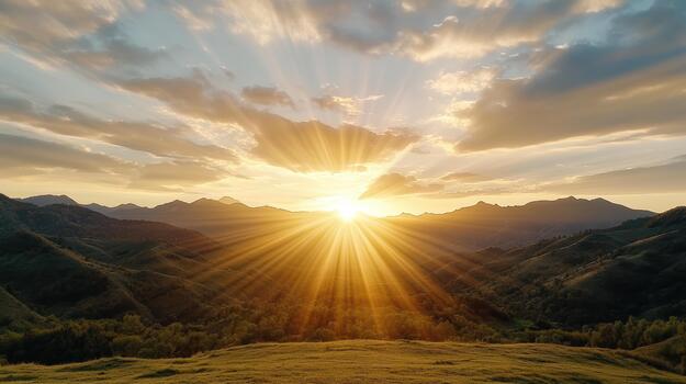 Sunrise over mountains with clouds and grass photo