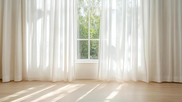 White curtains in a room with sunlight coming in through the window photo