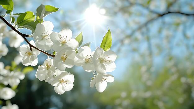 White flowers on a tree branch with the sun shining photo
