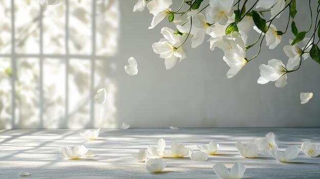 White flowers on a table in front of a window photo