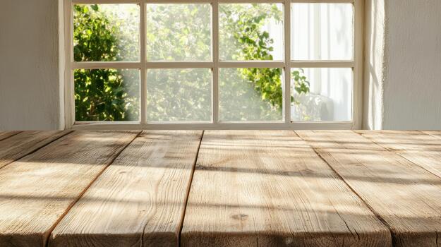 An empty table in front of a window photo
