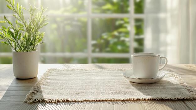A coffee cup and saucer on a table with a window photo