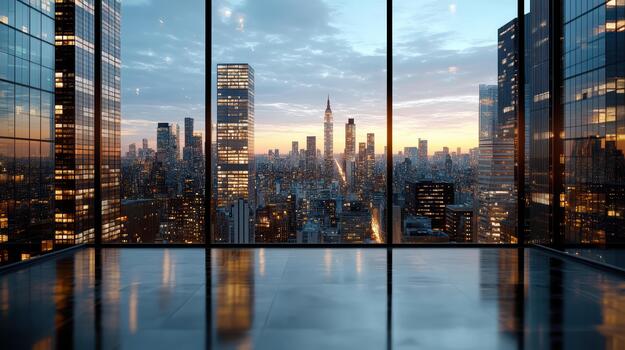 A large window looking out on a city at dusk photo