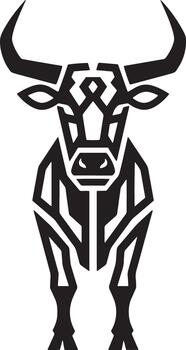 A striking black and white geometric illustration of a bull, presented as a stylized icon with sharp angles and bold lines. vector