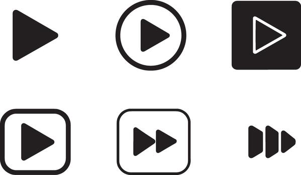 un conjunto de seis distinto negro y blanco íconos representando jugar y rápido adelante funciones para medios de comunicación jugadores vector