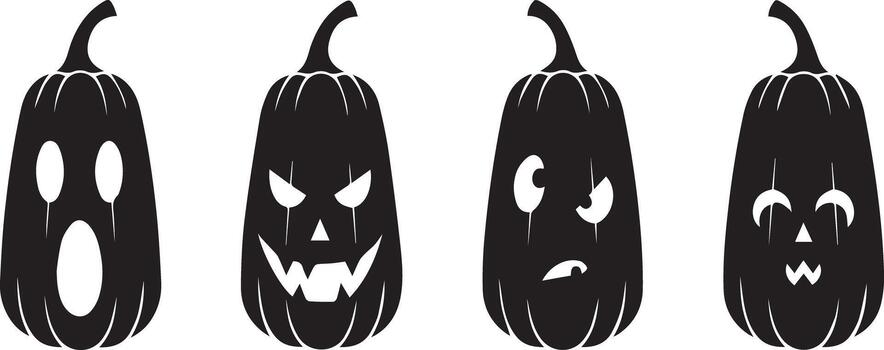 A set of four black silhouette pumpkins with carved Halloween faces, each displaying a unique expression of fright or mischief. vector