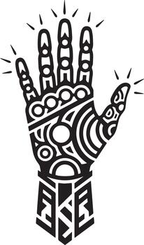 A stylized black and white illustration of a hand with complex geometric patterns and radiating lines, emerging from a patterned base. vector