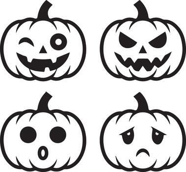 A set of four simple, line-art illustrations of pumpkins, each featuring a distinct Halloween-themed facial expression. They are presented in a two-by-two grid. vector