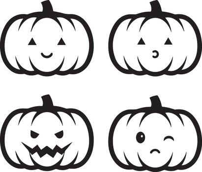 A set of four simple, hand-drawn cartoon pumpkins, each displaying a unique and distinct facial expression, outlined in black on a white background. vector
