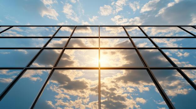 A view of the sun shining through the glass of a building photo