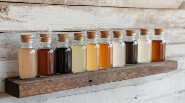 A wooden shelf holding six bottles of different types of liquid photo
