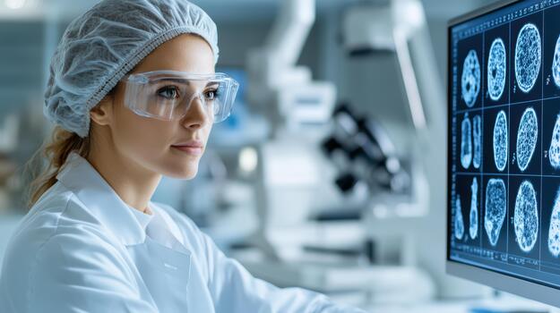 A woman in lab coat and glasses looking at a computer screen photo