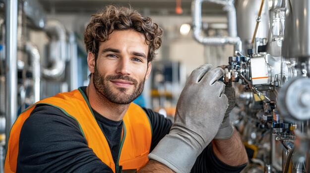 A man in an orange vest and gloves working on a machine photo