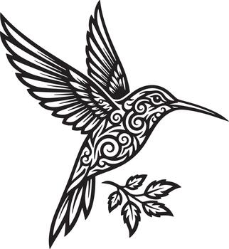 A stylized black and white illustration of a hummingbird with intricate swirling patterns on its body, hovering near a small branch. vector