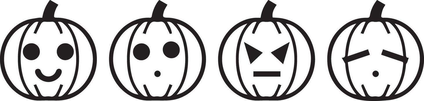 A simple black and white illustration of four stylized pumpkins, each displaying a unique carved face ranging from happy to angry. vector