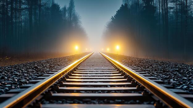 A train track in the fog with lights shining photo