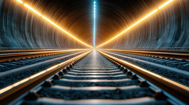 A train track going through a tunnel with light coming from the end photo