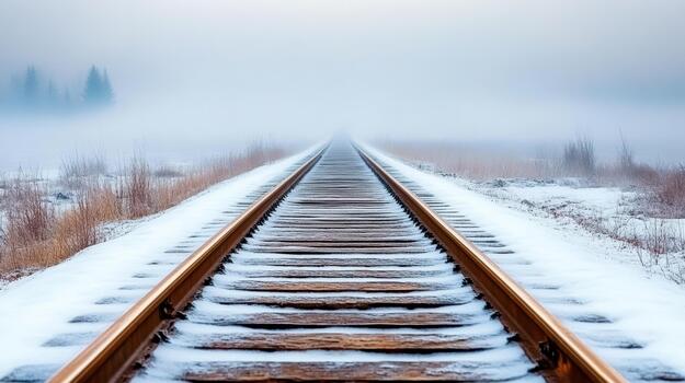 A train track in the snow with fog photo