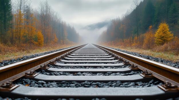 A train track in the middle of a foggy forest photo