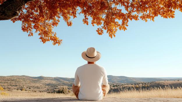 A man in a hat sitting under a tree photo