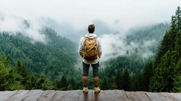 Man standing on a wooden platform looking at the mountains photo