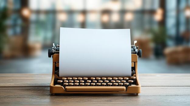 Old typewriter with blank paper on wooden table photo
