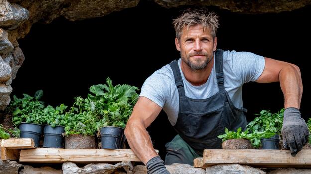 un hombre es en pie en frente de un ventana con plantas foto