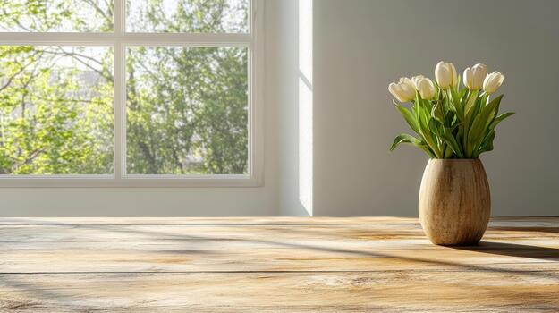A vase of white tulips sitting on a wooden table in front of a window photo