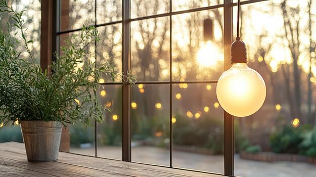 A potted plant and light bulb on a table in front of a window photo