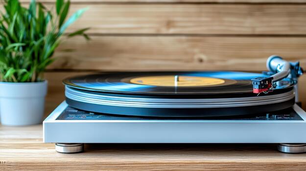 A turntable and a record player on a wooden table photo