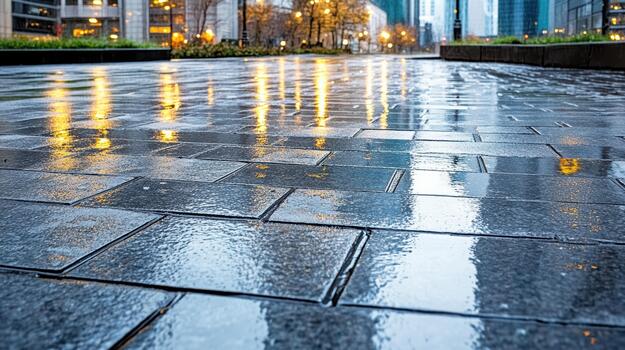 A wet sidewalk with buildings in the background photo