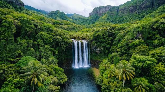 Beautiful waterfall in tropical forest with palm trees in the background photo