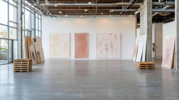 An empty room with several paintings on the wall photo