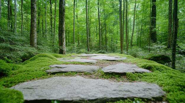 A stone path in a forest with moss photo