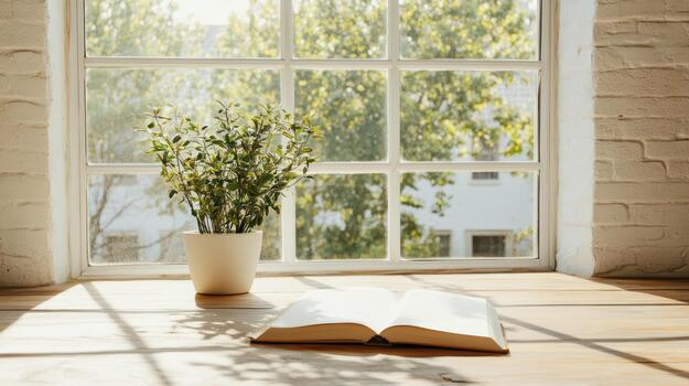 A book and a vase of flowers sit on a table near a window photo