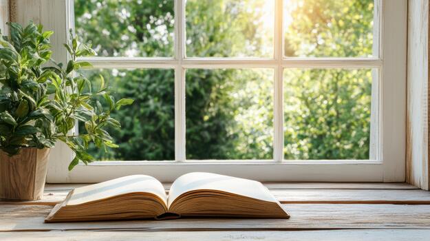 An open book on a wooden table with a window in the background photo