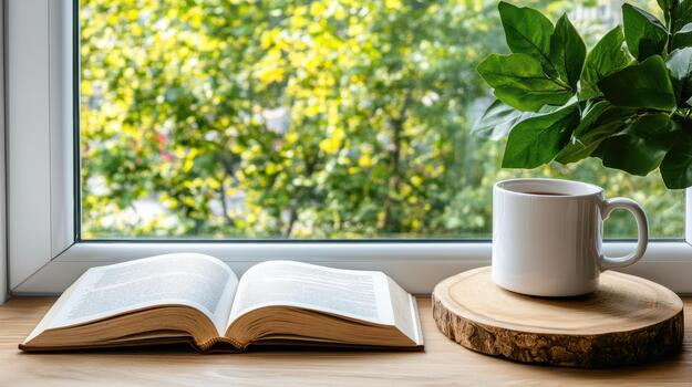 An open book and coffee cup on a wooden table near a window photo