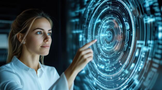 A woman pointing at a futuristic interface photo