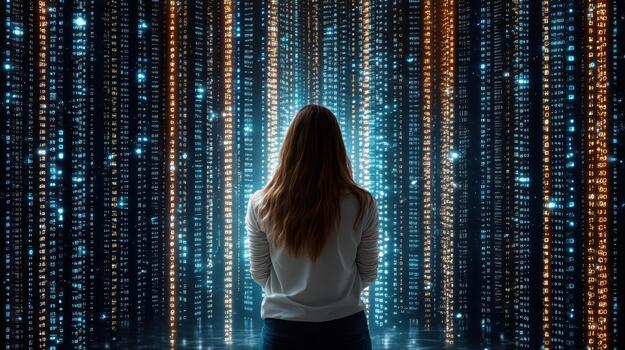 A woman standing in front of a wall of binary code photo
