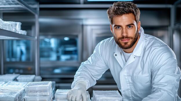 A man in a lab coat is working on some food photo