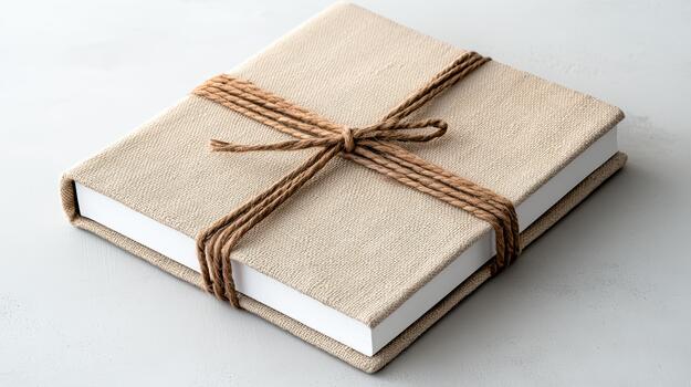 A wrapped book wrapped in twine on a white surface photo
