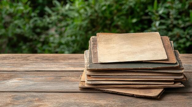 Old books on wooden table with green background photo