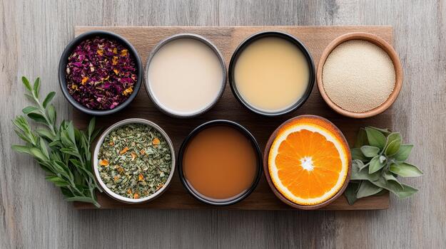 A variety of different types of herbs and spices in bowls photo