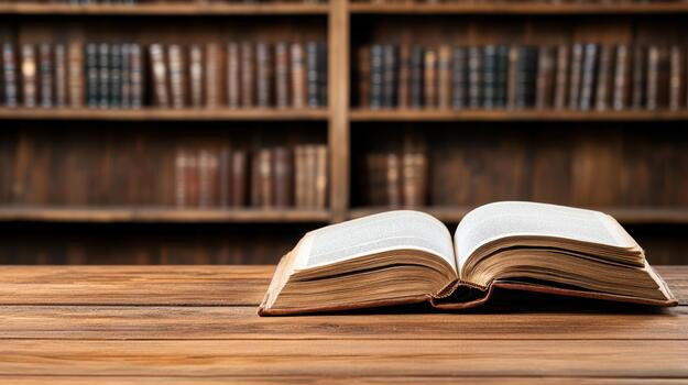 An open book on a wooden table in front of a library of books photo