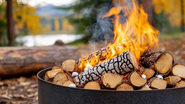 A fire pit with logs and marshmallows photo