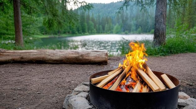 A fire pit with logs and a lake in the background photo